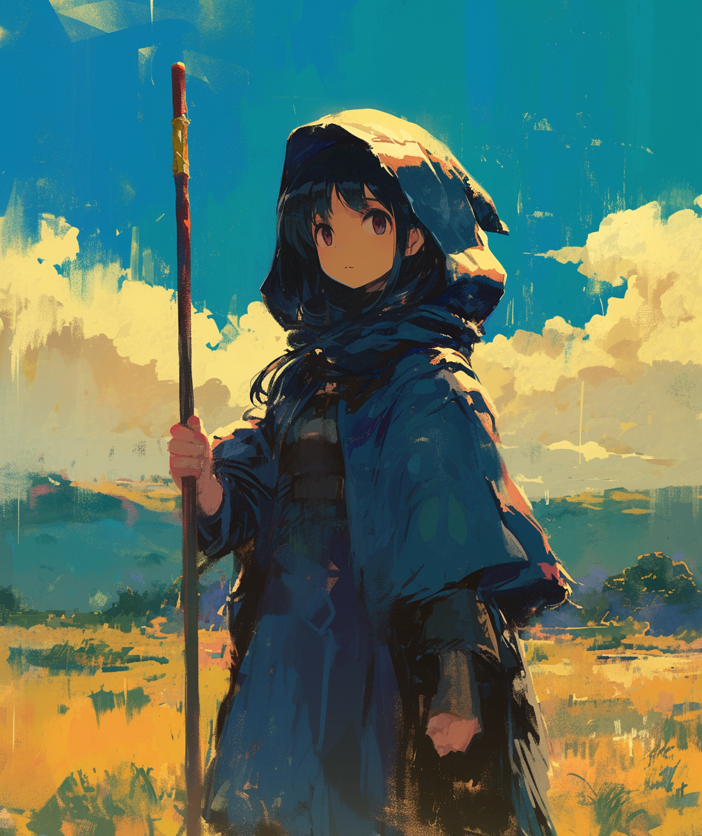 Anime girl in blue coat with stick