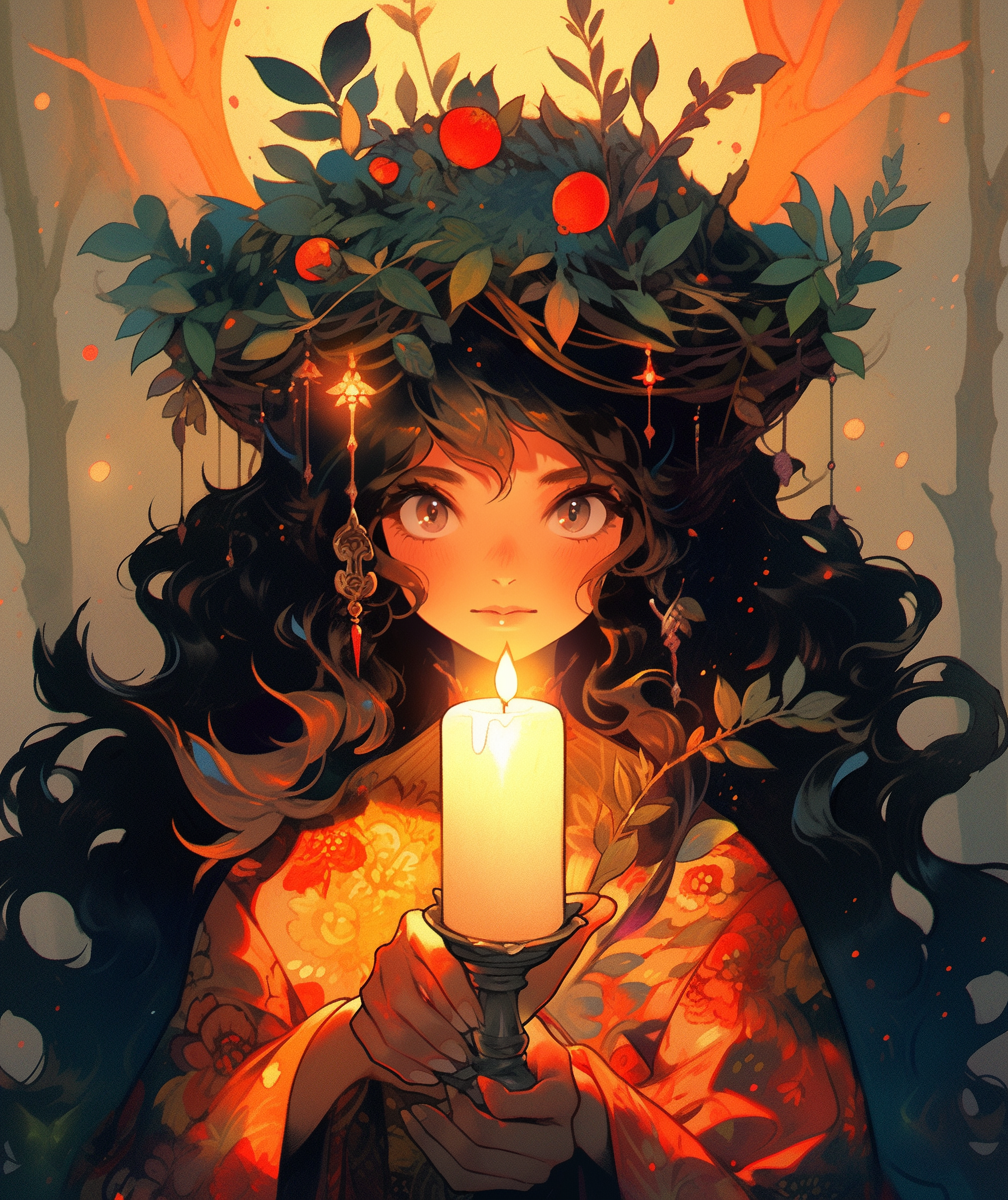 Anime girl holding candle to sky