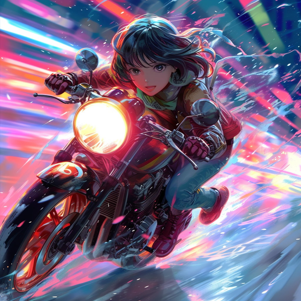 Anime girl on motorcycle speeding