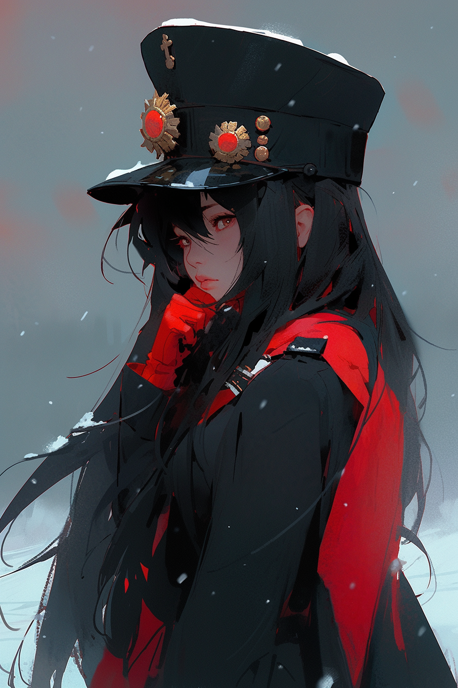 Anime girl in red military uniform on snowy night