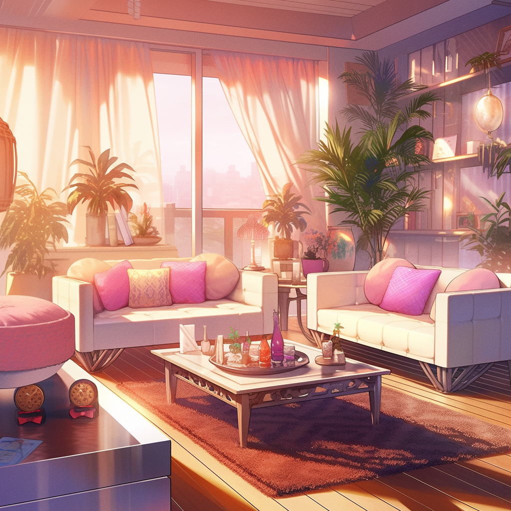 Cozy anime living room with vibrant colors