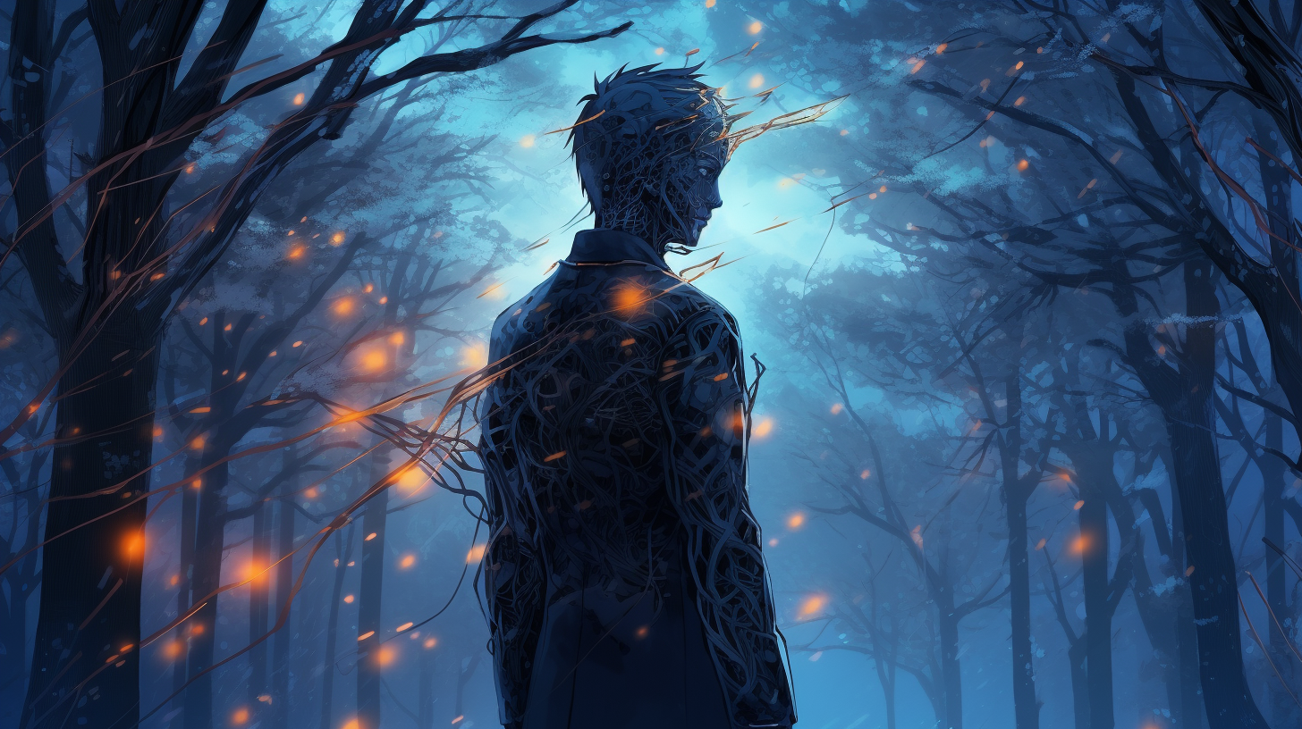 Anime man with cybernetic augmentations in winter forest