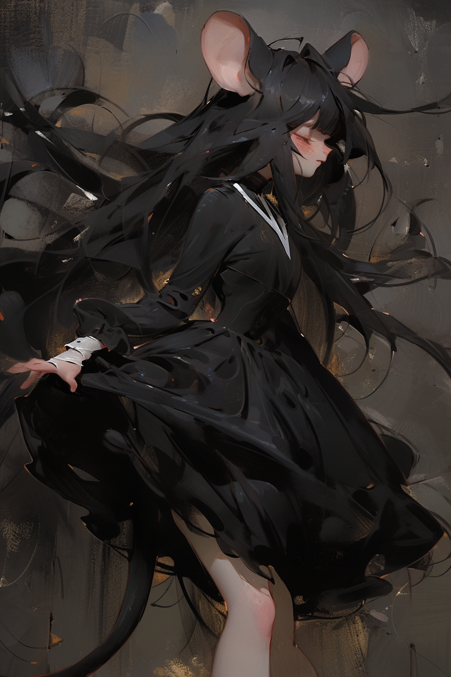 Anime Mouse Girl with Long Hair and Black Dress