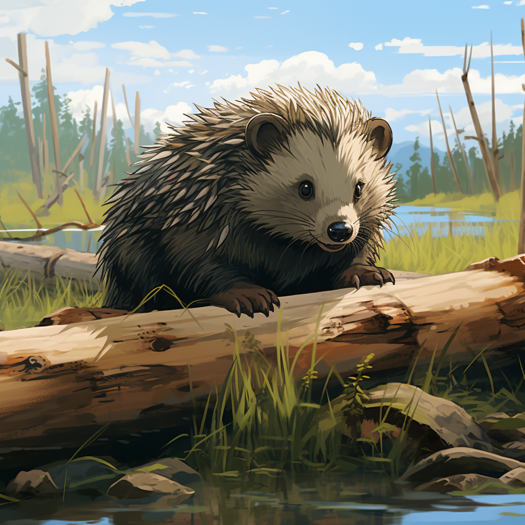 Cute anime porcupine enjoying log in Russia