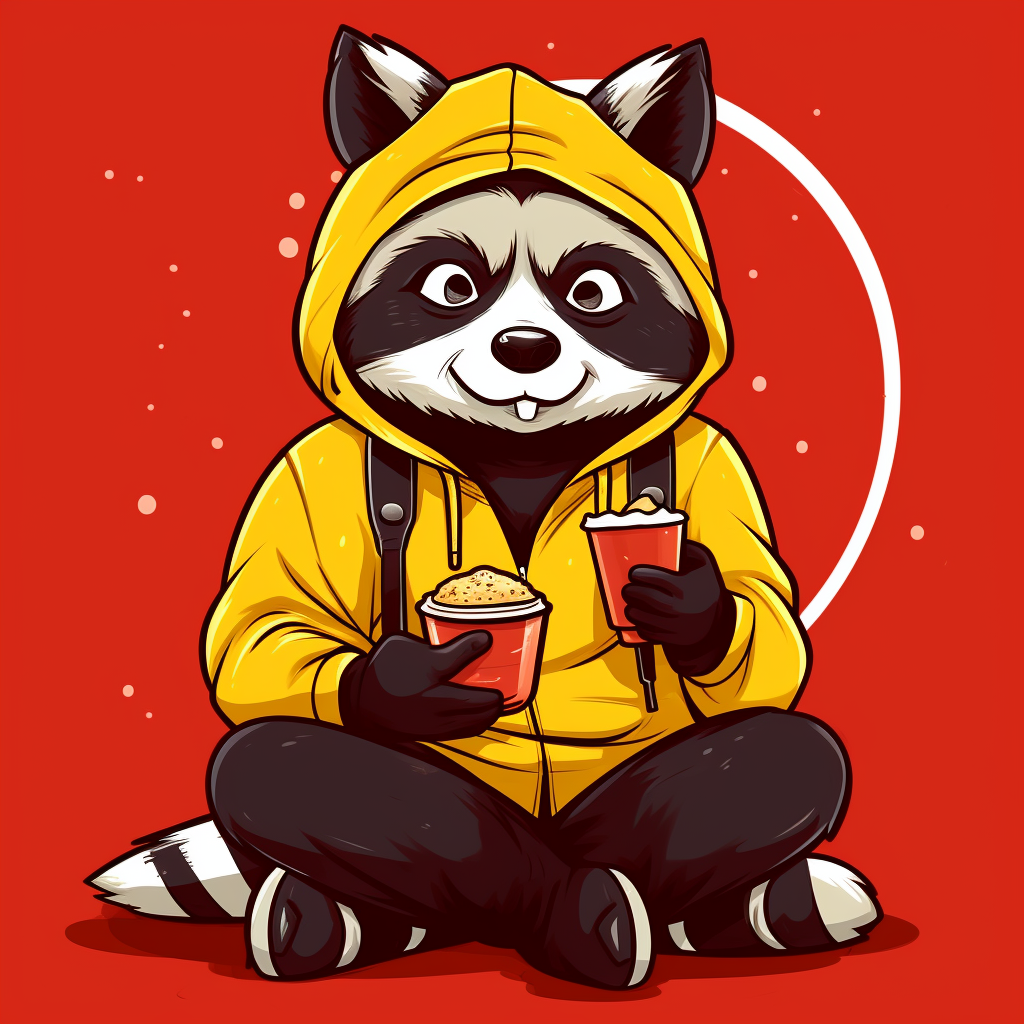 Smiling anime racoon eating a burger