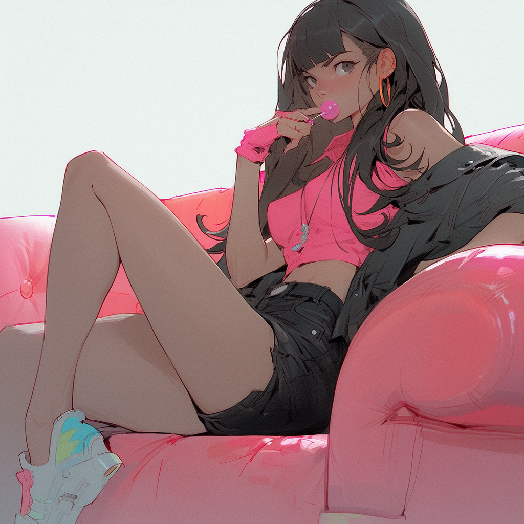 Anime girl on sofa chewing bubble gum