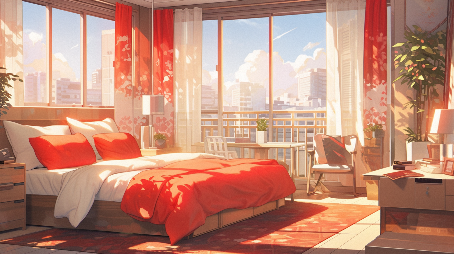 Soft Anime-style Bedroom with Open Window in Red Theme