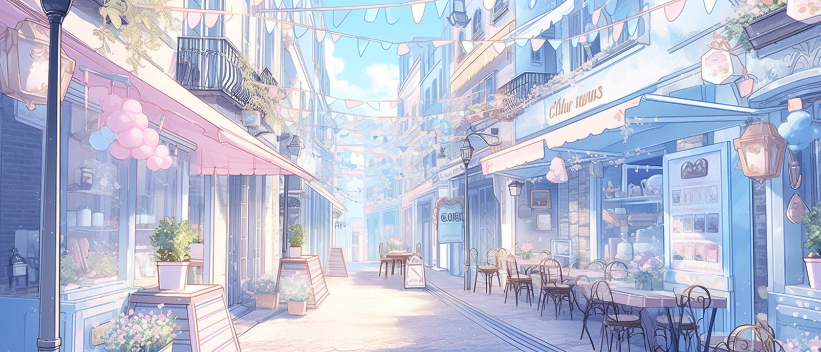 Anime-style cute street with blue skies