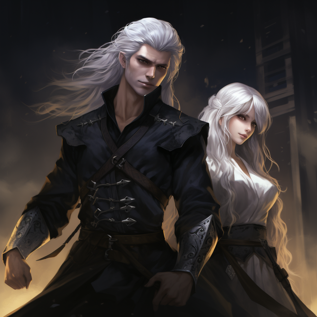 Anime twins with white hair and yellow eyes