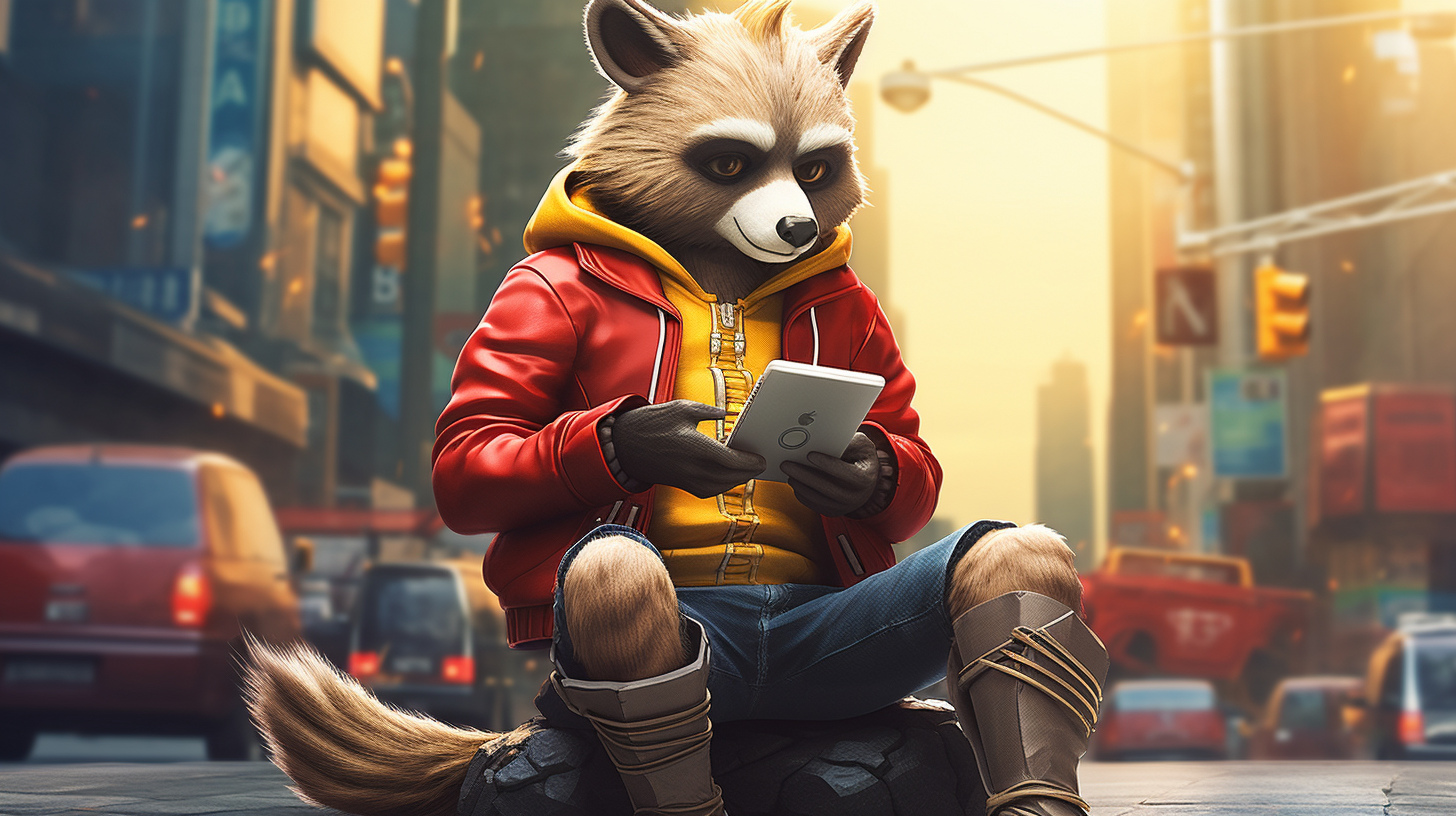 Cute anime-style raccoon wearing red hoodie and basketball sneakers