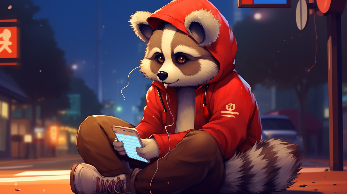 Anime raccoon wearing red hoodie