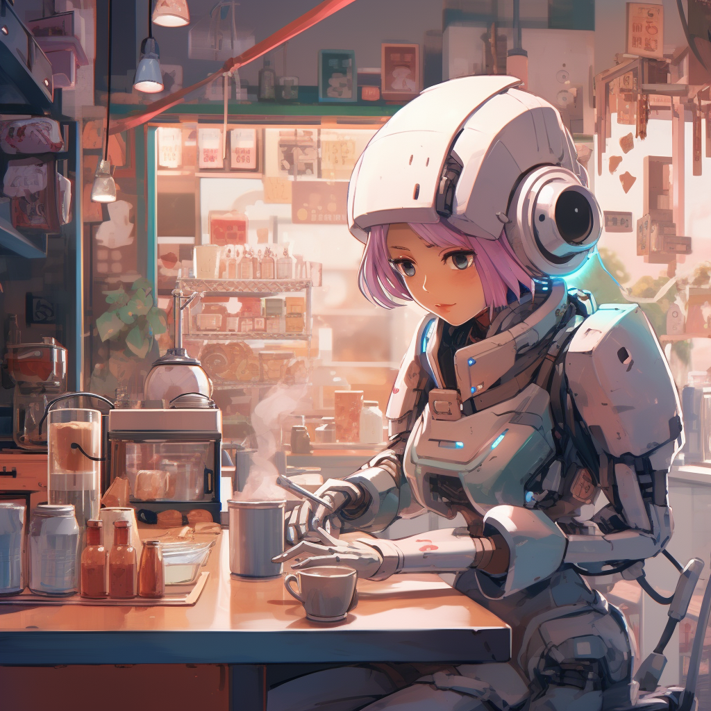 Anime style robot in coffee shop