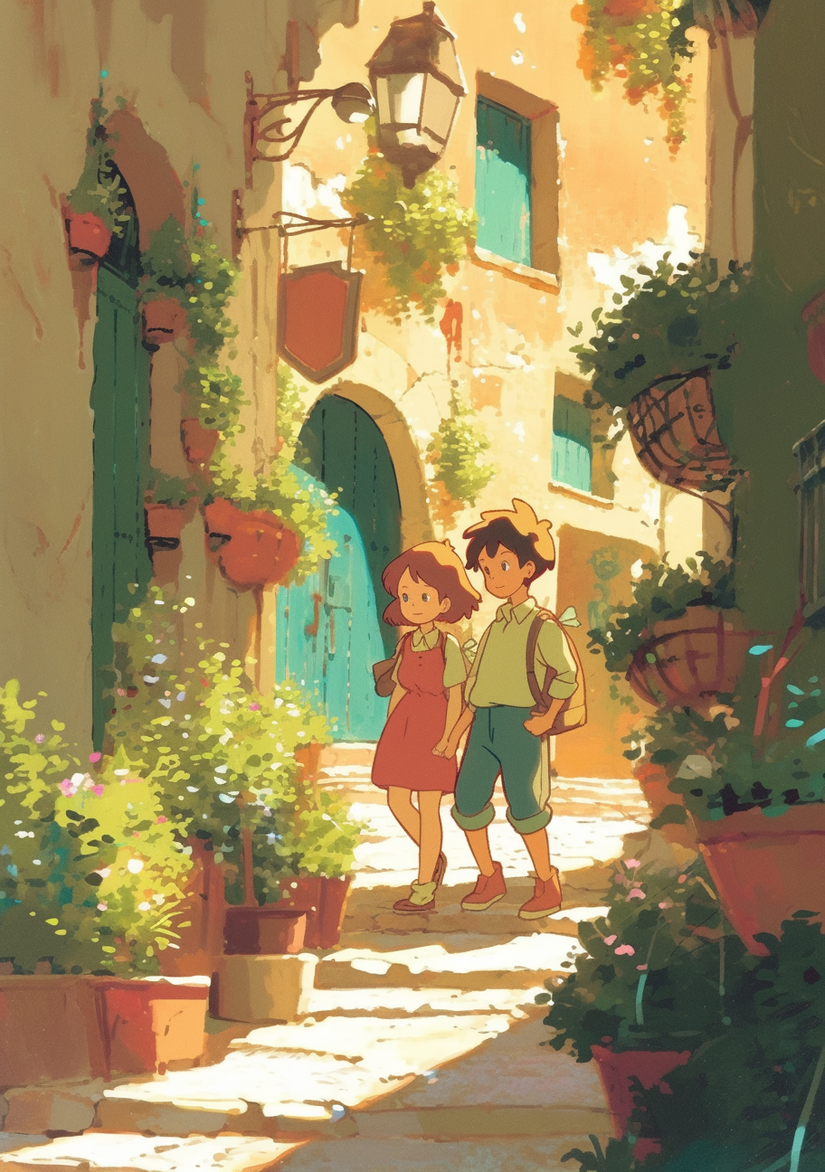 anime style with boy and girl walking, vivid colors.