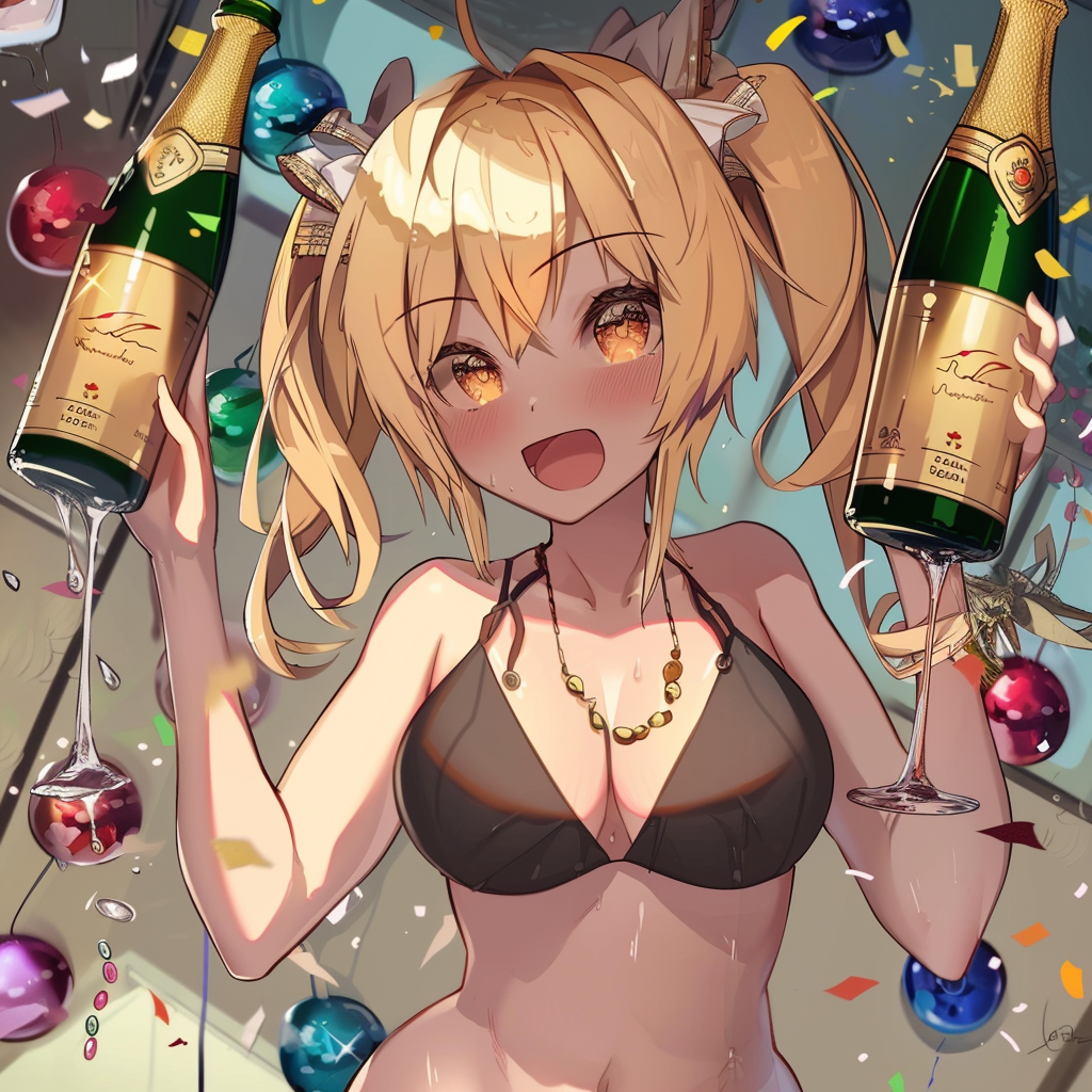 anime waifu celebrating with champagne