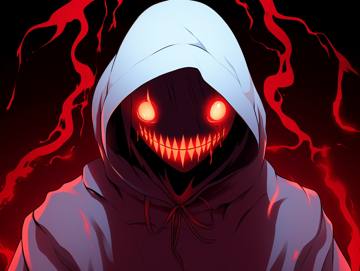 Smiling white ghost with hood and red eyes