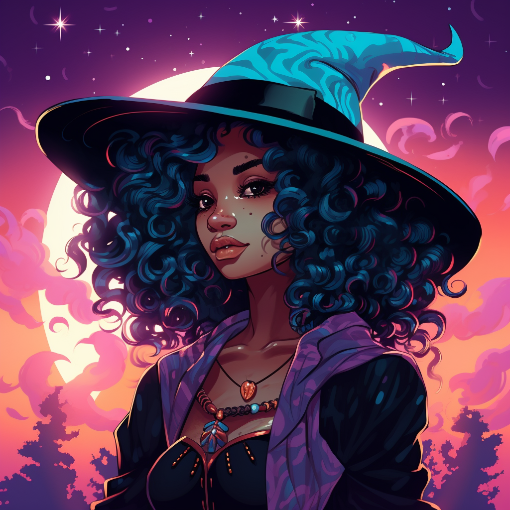 Anime African American Witch in Retro Style