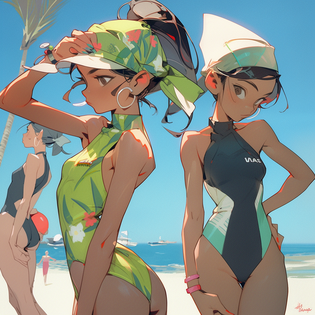 Three young women in stylish swim attire at the beach