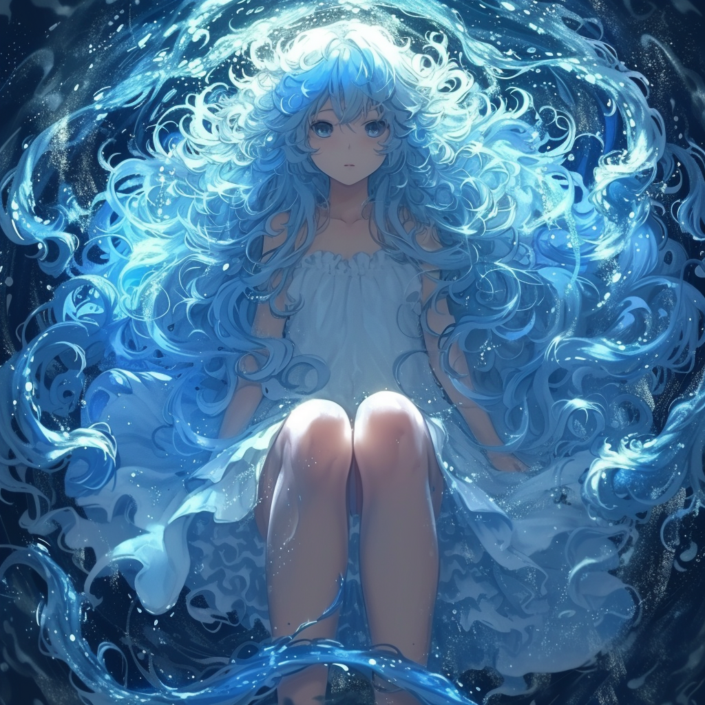 Long-legged anime beauty with blue halo and curly hair