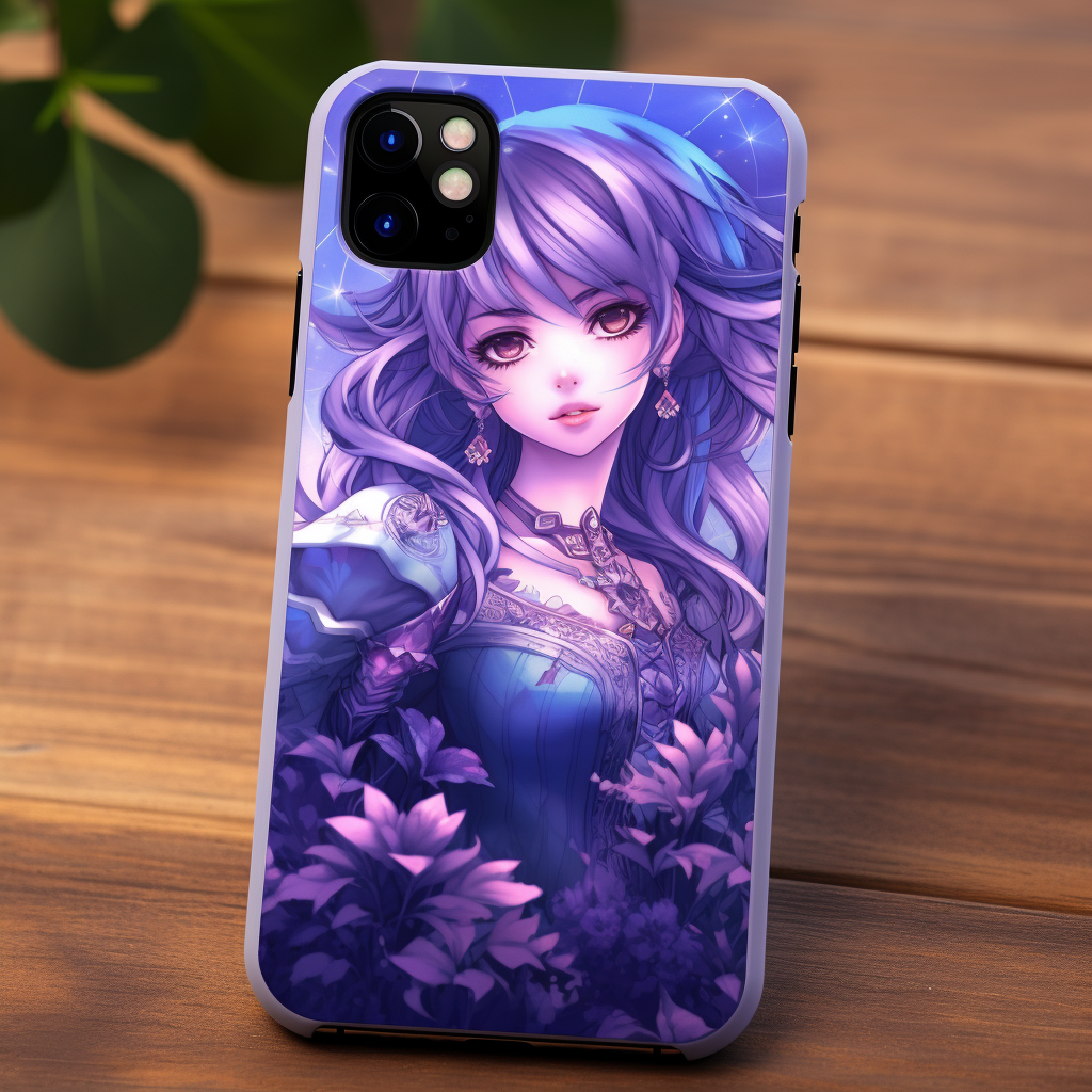 Anime Beauty with Purple Texture holding iPhone15 Pro