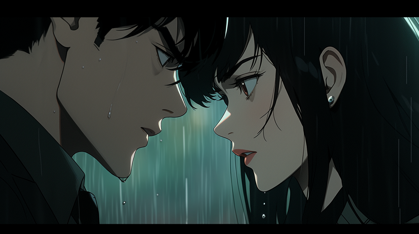 Female Anime Character Looking at Male Anime Character in Rain