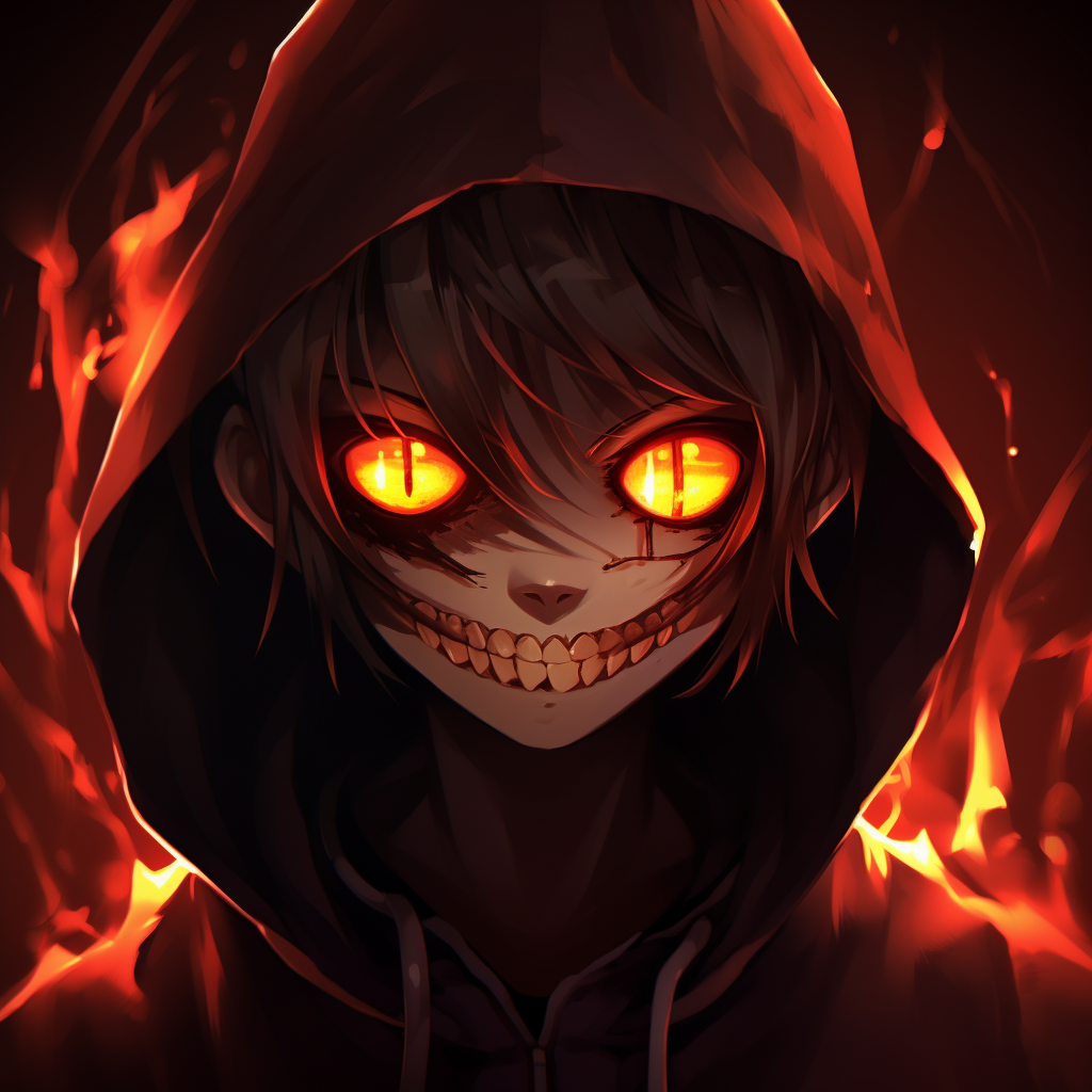 Anime character with an evil grin and glowing eyes