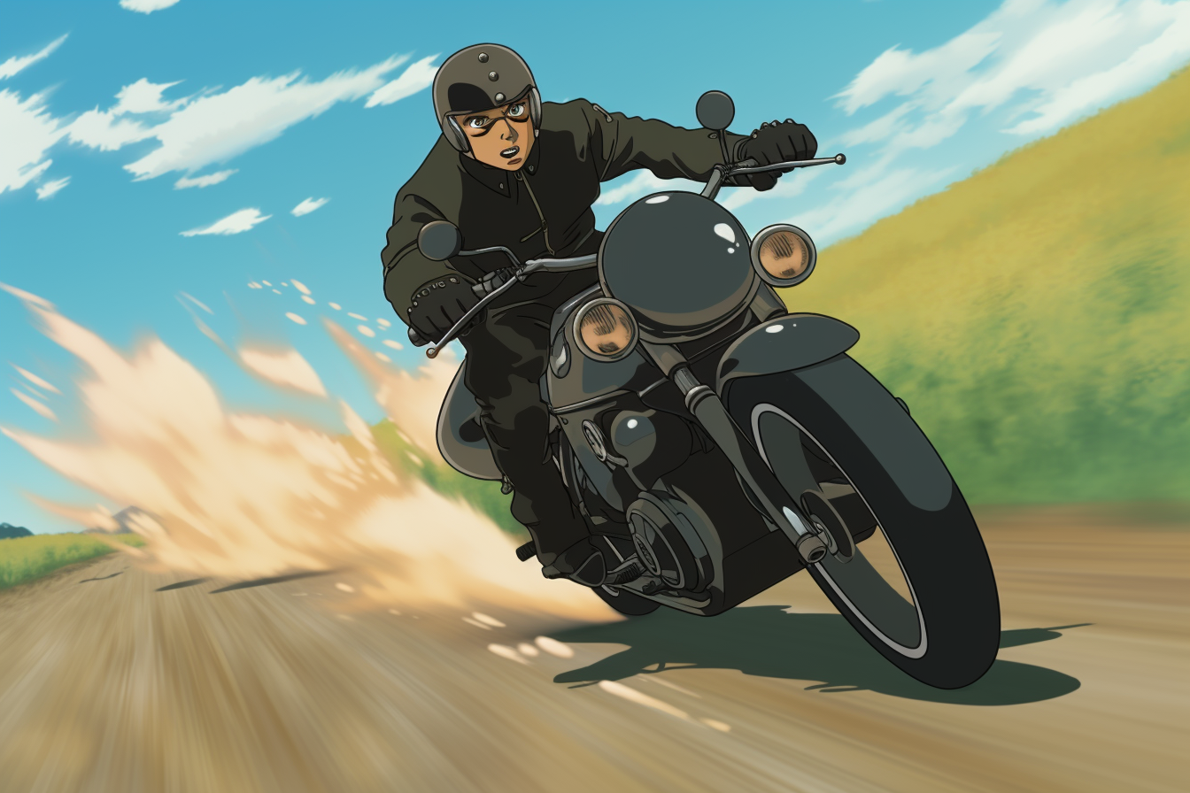 Anime character on motorcycle in black suit