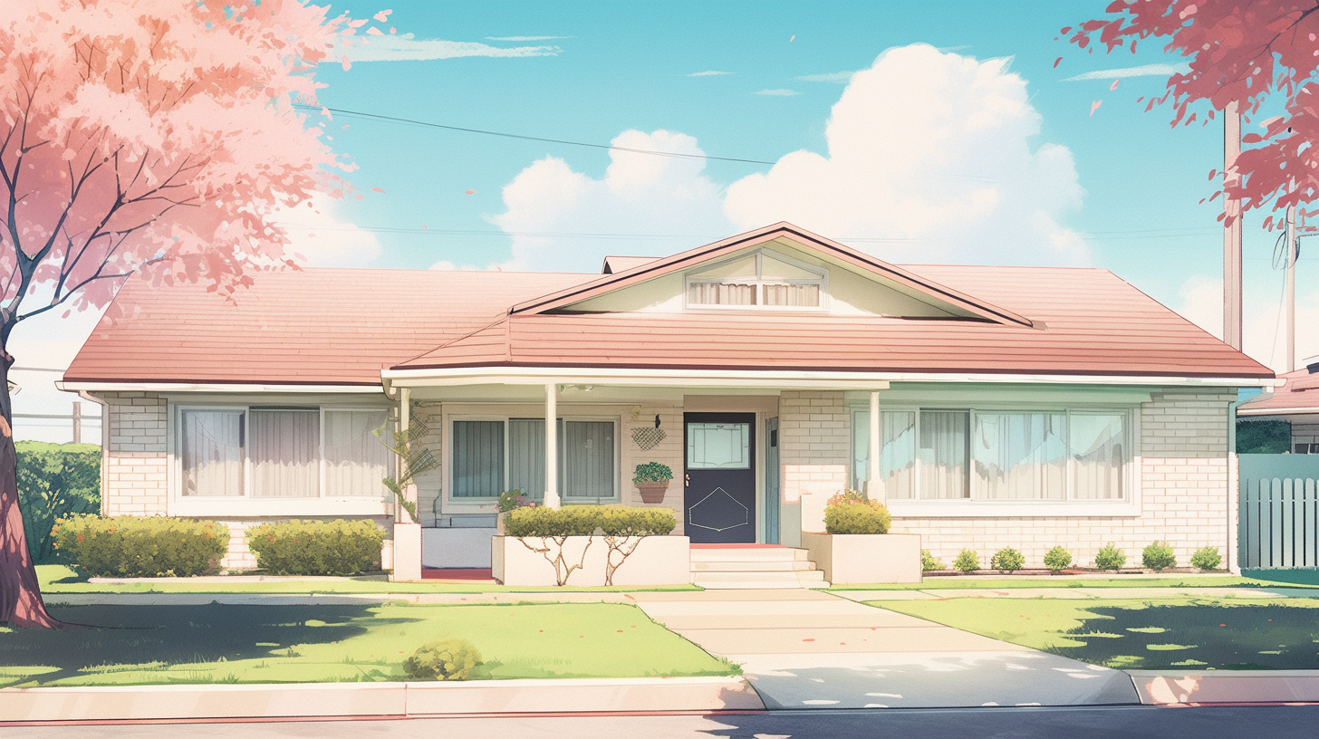 Smiling anime housewife in 50s suburban home