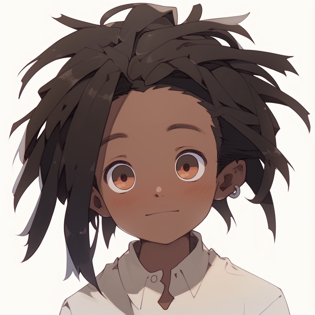 Smiling anime chibi boy with brown dreadlocks