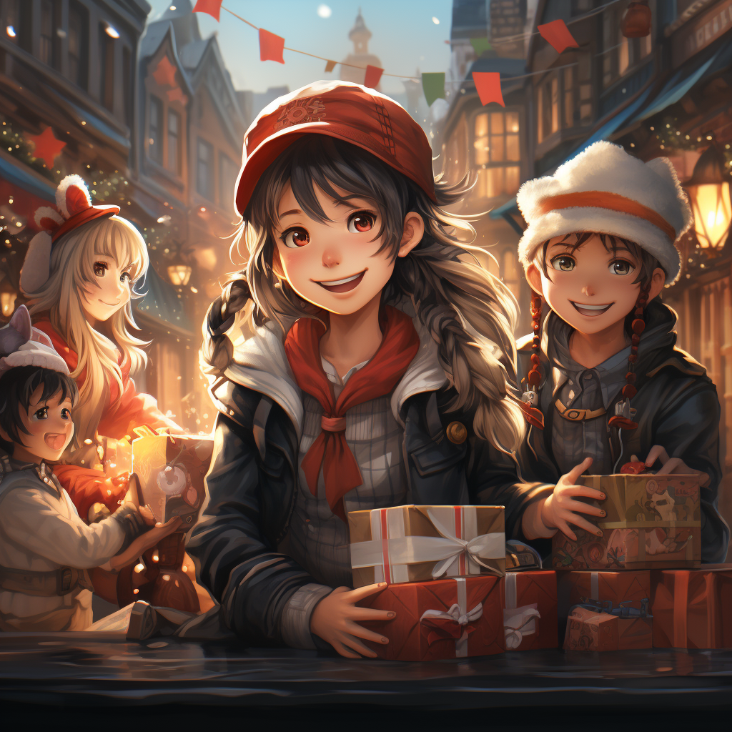 Cute anime characters celebrating Christmas