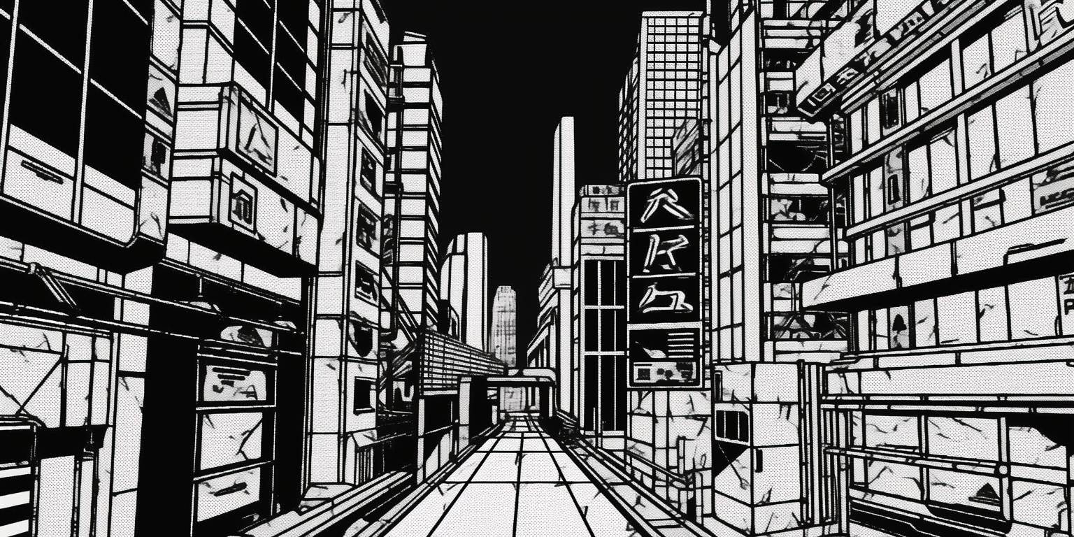 Monochrome anime cyberpunk cityscape