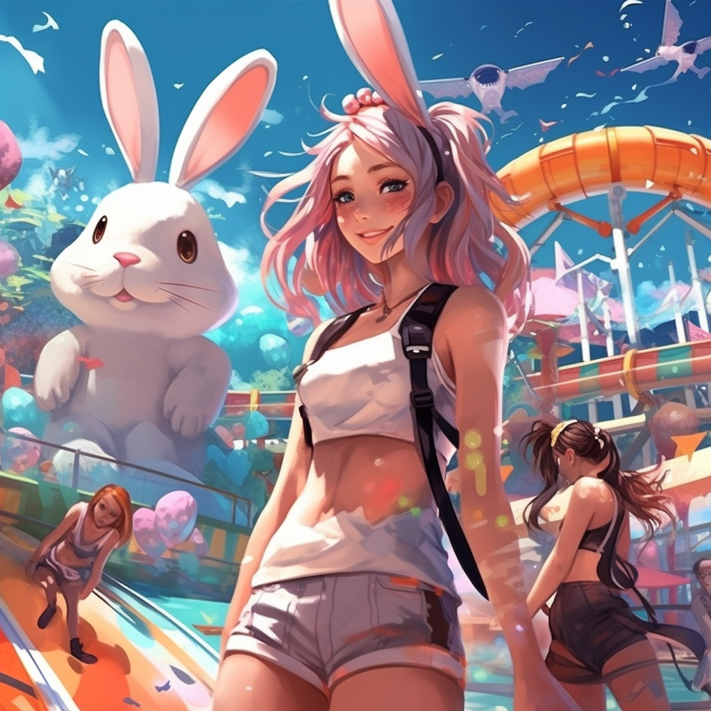 Anime girl wearing bunny outfit at water park