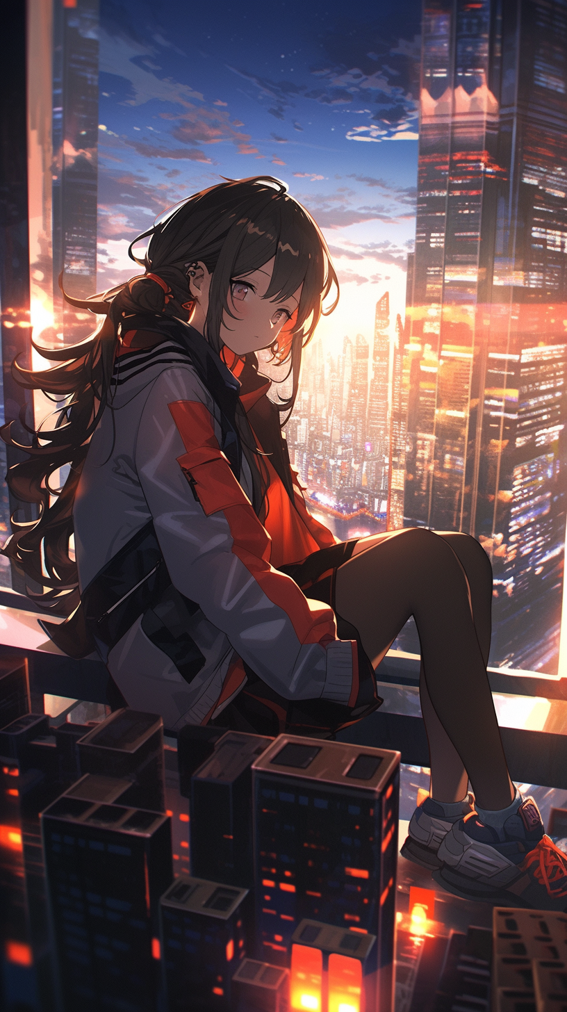 Anime girl sitting on edge, watching city sunrise