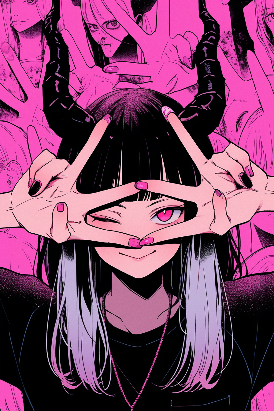 Anime girl with devil horns and hand downward