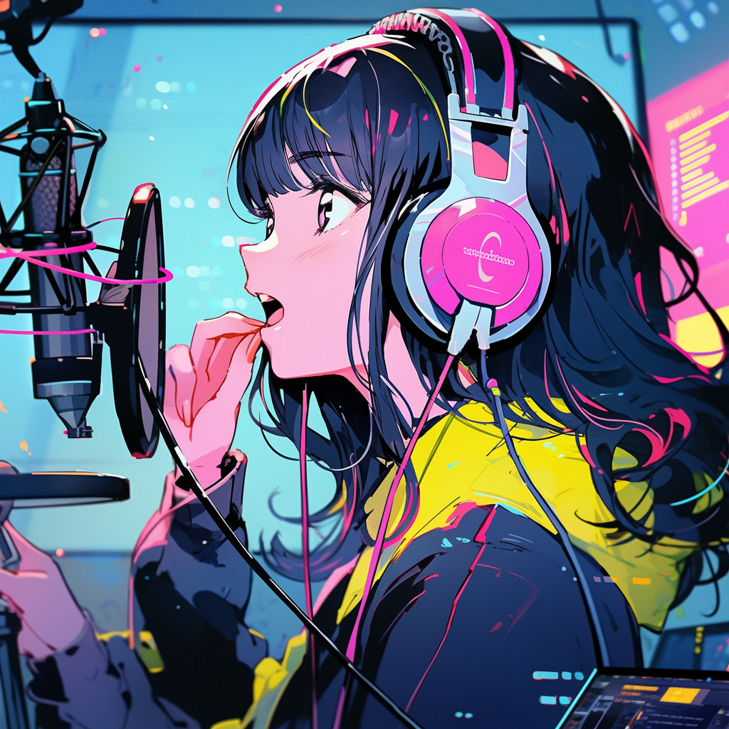 Anime girl singing into microphone with neon colors