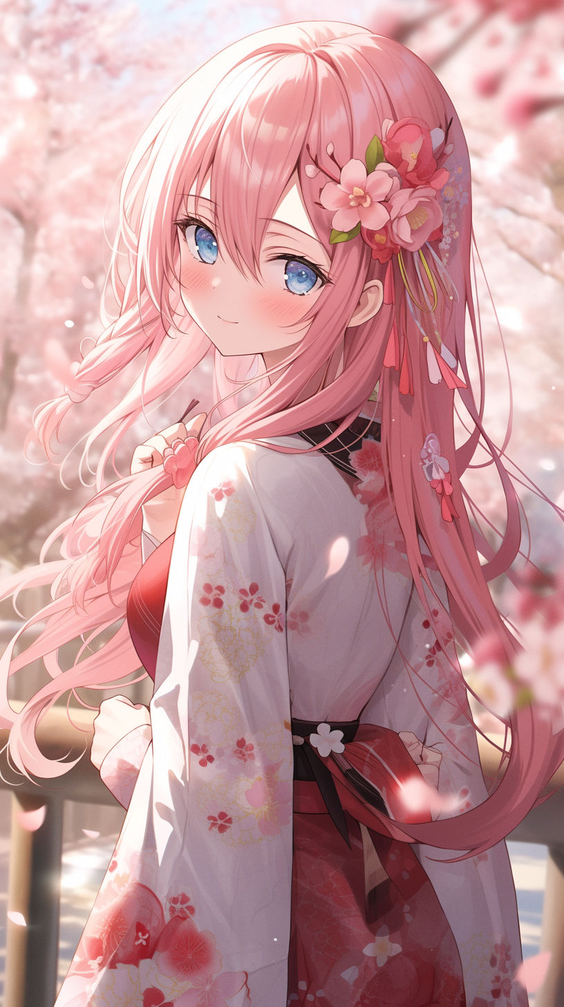 Anime girl with long pink hair in kimono