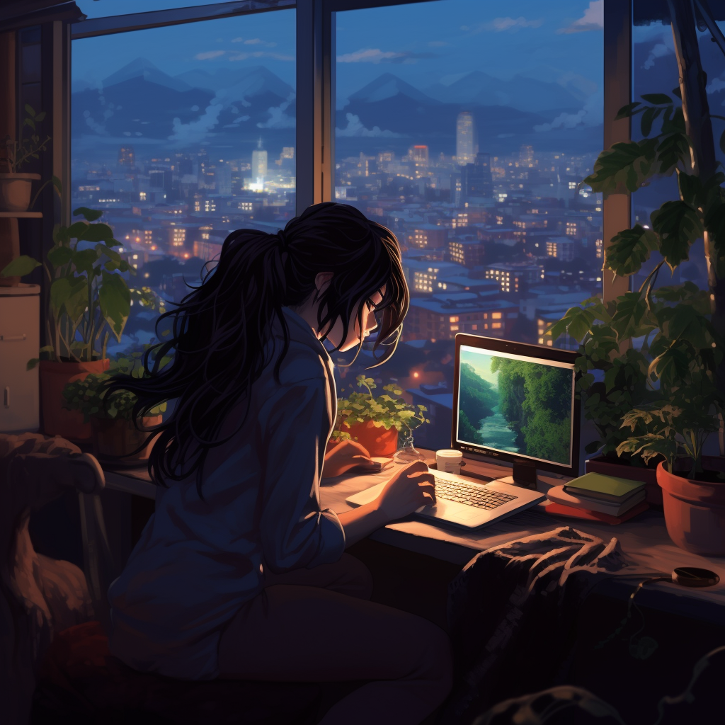 Anime girl programming with city view and plants