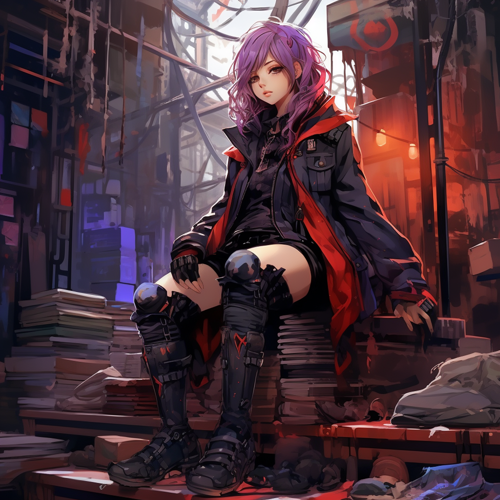 Anime girl in purple, red, and black clothing