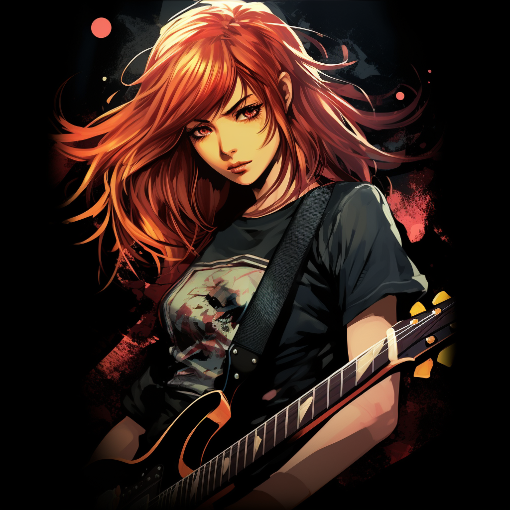 Anime girl with red hair in black band shirt