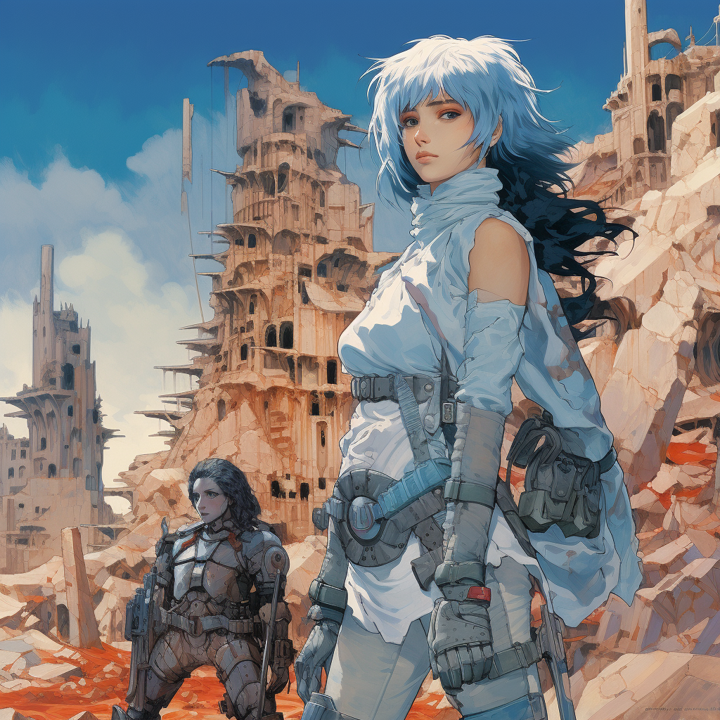 Blue-haired swordwoman in front of ruined castle