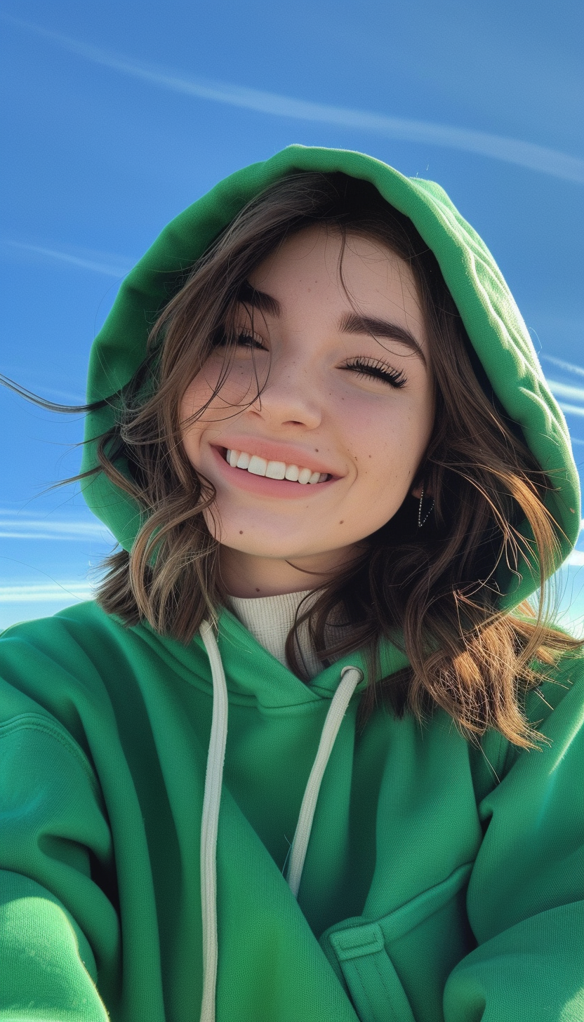 Anime Girl Smiling in Green Hoodie Blue Sky