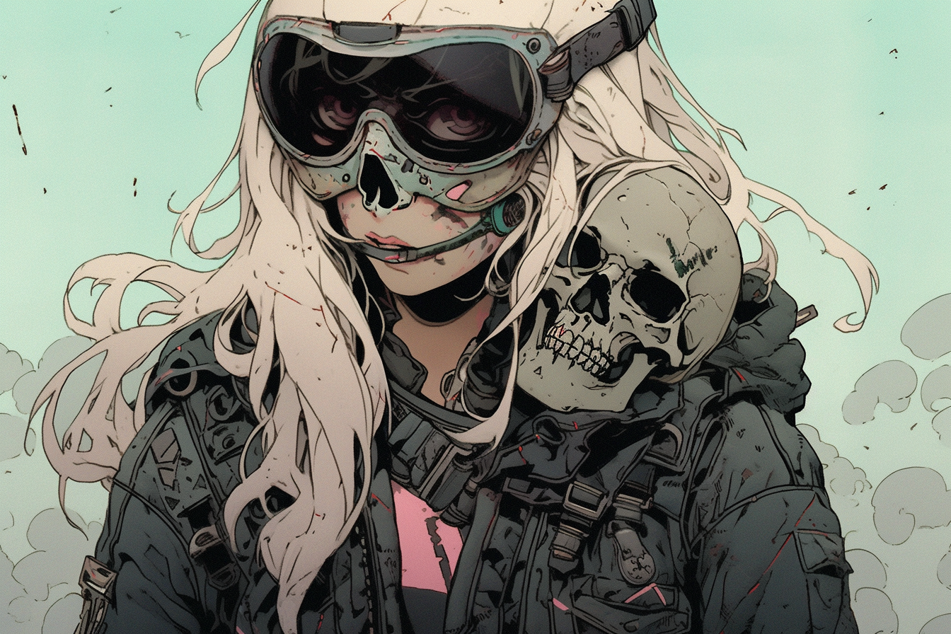 Anime girl with skull face paint and white hair