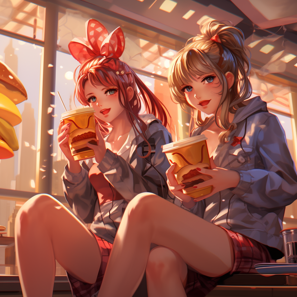 Pretty anime girls enjoying McDonald's Big Macs