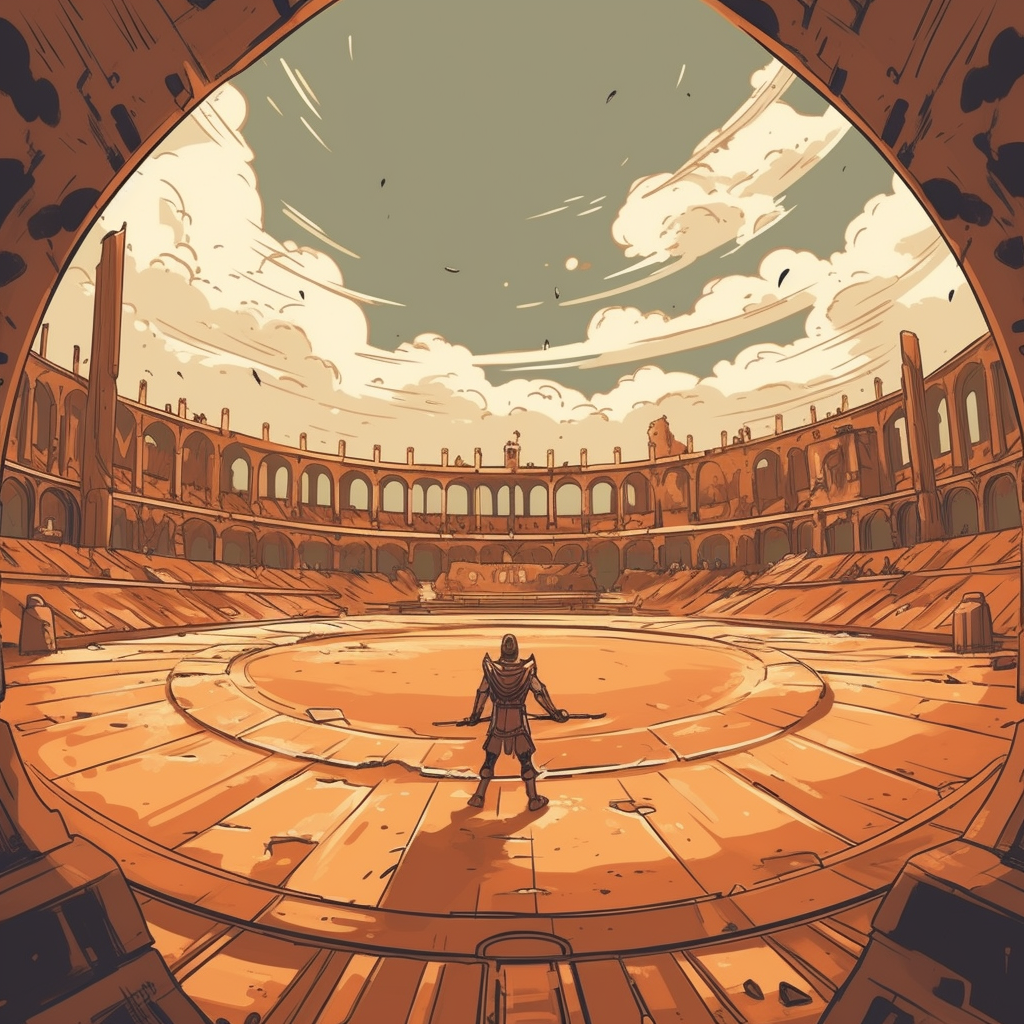 Hand-drawn anime gladiator arena