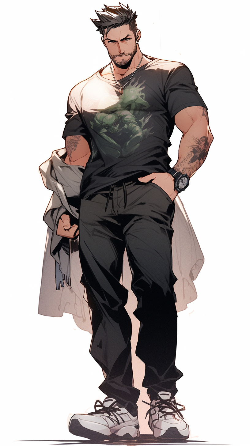 Confident anime guy with tattoos and mustache