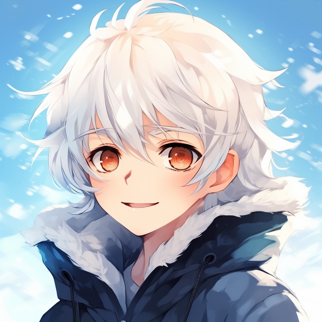 Happy anime guy with white hair and blue eyes