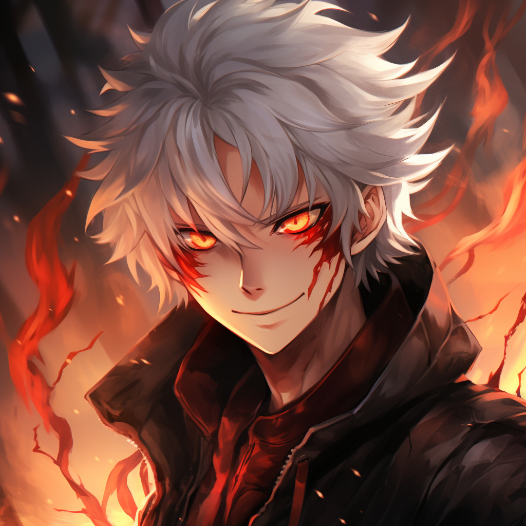 Smiling Anime Guy with White Hair and Red Eyes