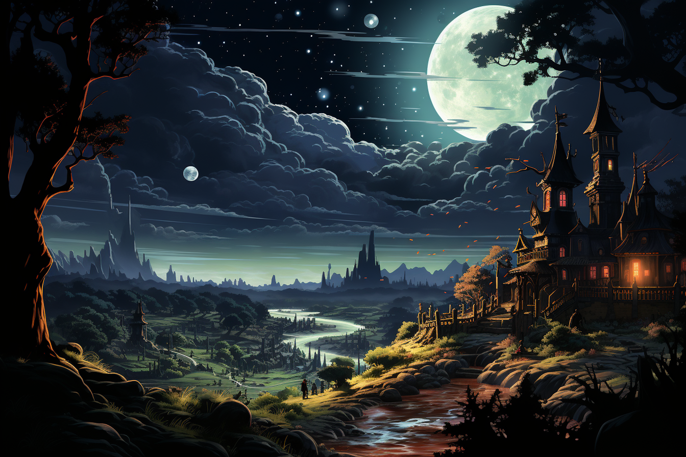 Vibrant anime landscape with starry night and village