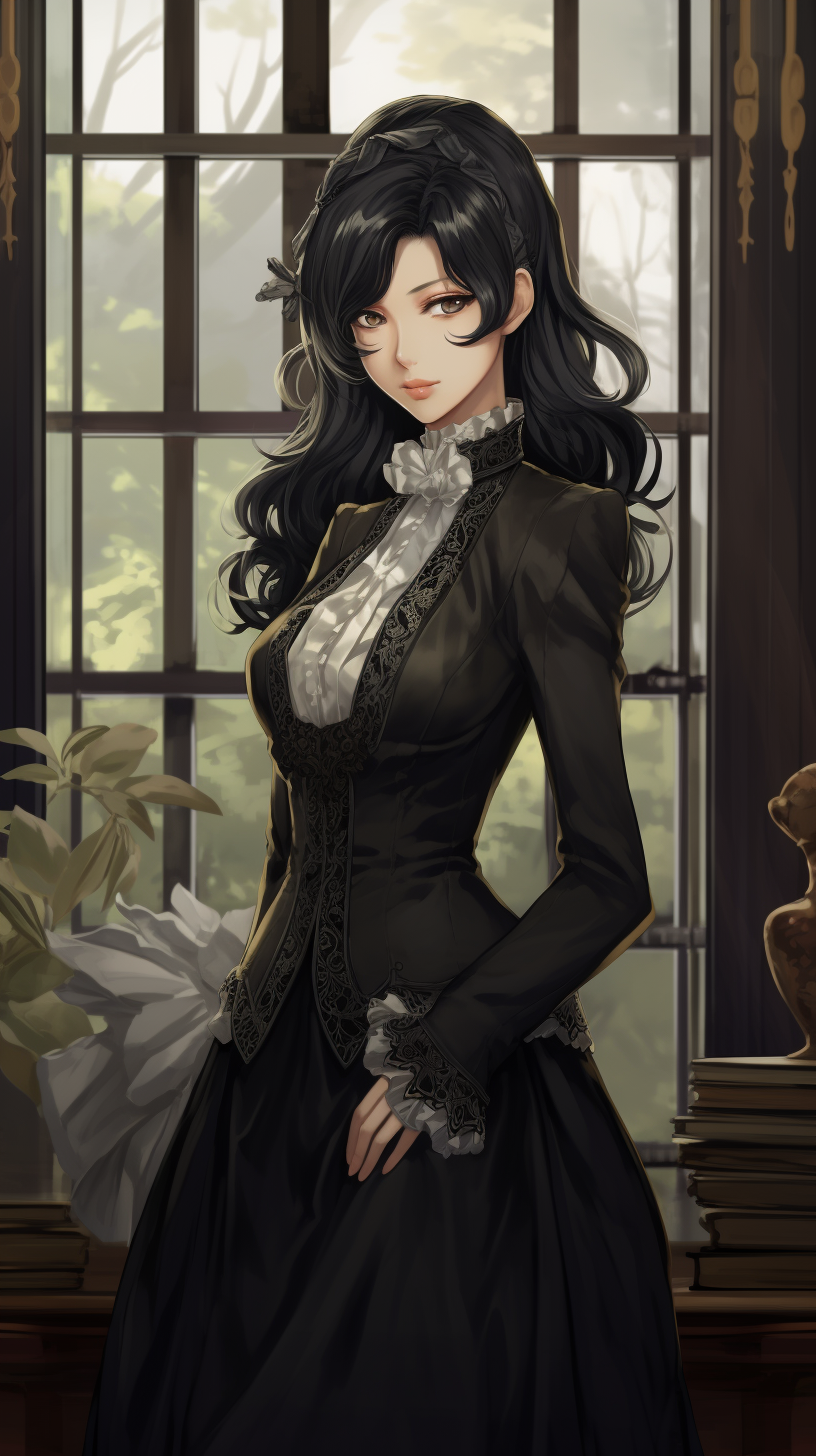 Young governess with black hair in webtoon style