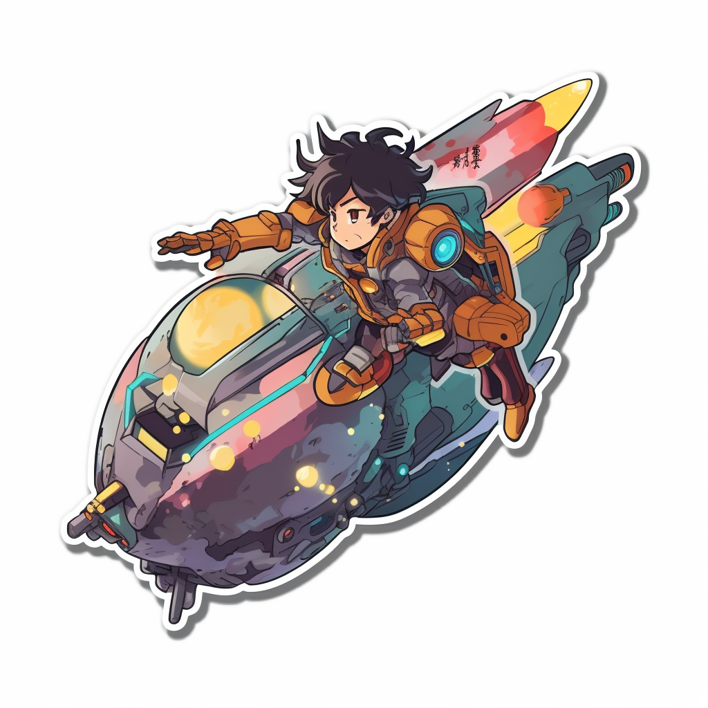 Colorful anime sticker art of a mecha cyborg riding a comet