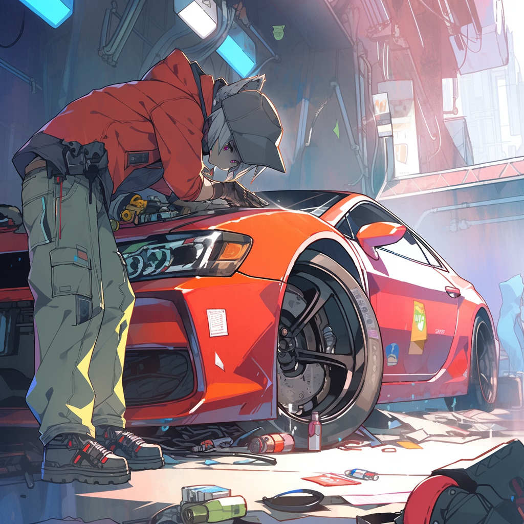 Anime mechanic repairing futuristic car bottom